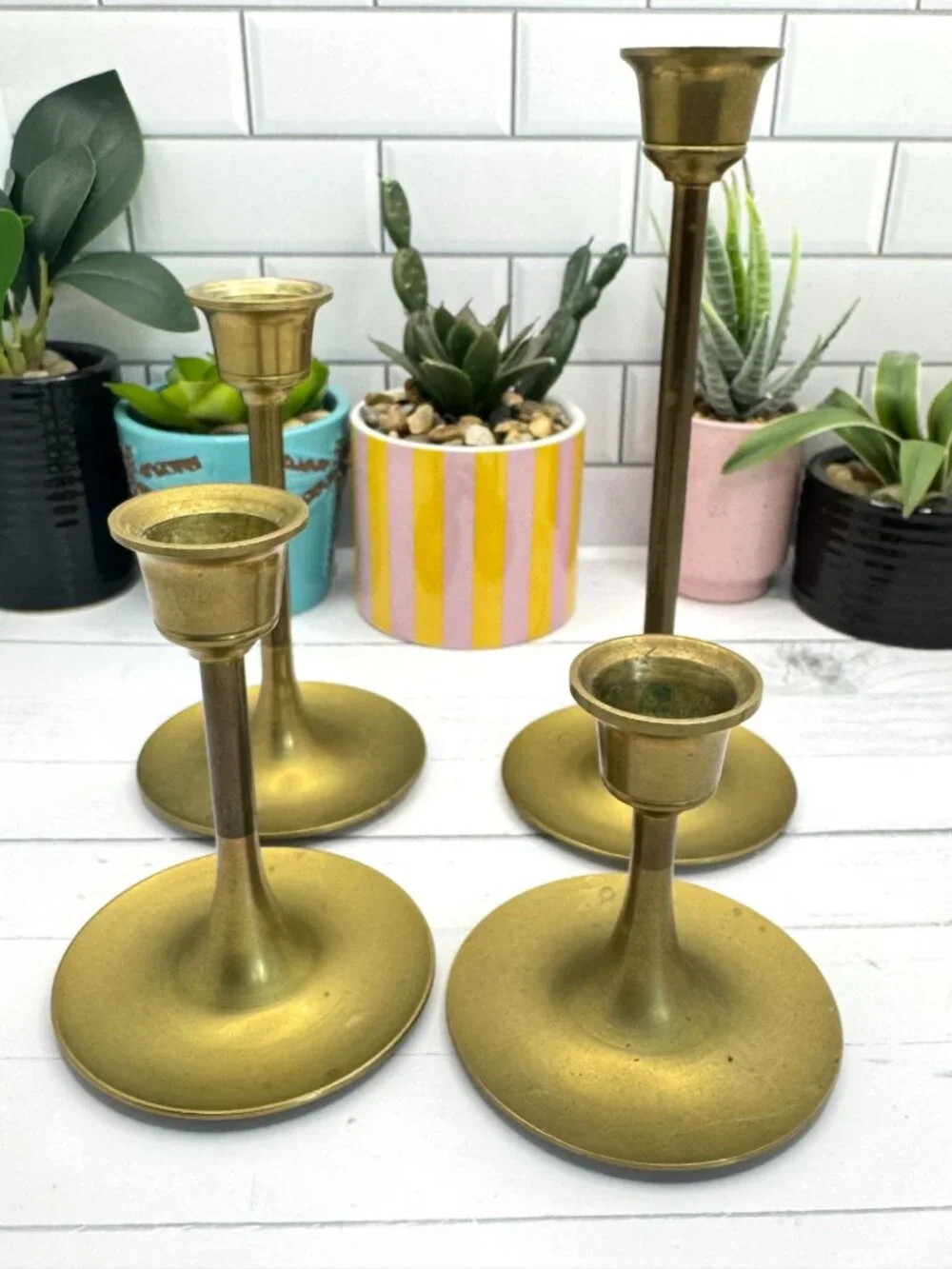 Vintage Brass Candle Holder Set Of 4 With Varying Heights Tapered Design